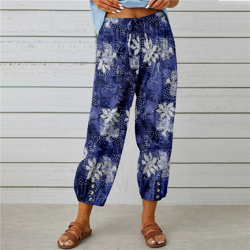 Damen lässige Pant mit floralem Druck und praktischen Knöpfen Stalluxe
