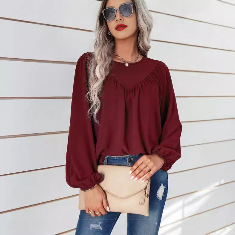 Damen lässiges Blusenshirt mit weit ausgestellten Ärmeln und feiner Rippstruktur Stalluxe