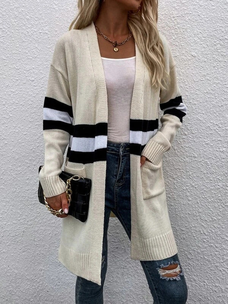 Damen Offene Strickjacke mit modernem Streifenmuster und praktischen Taschen Stalluxe