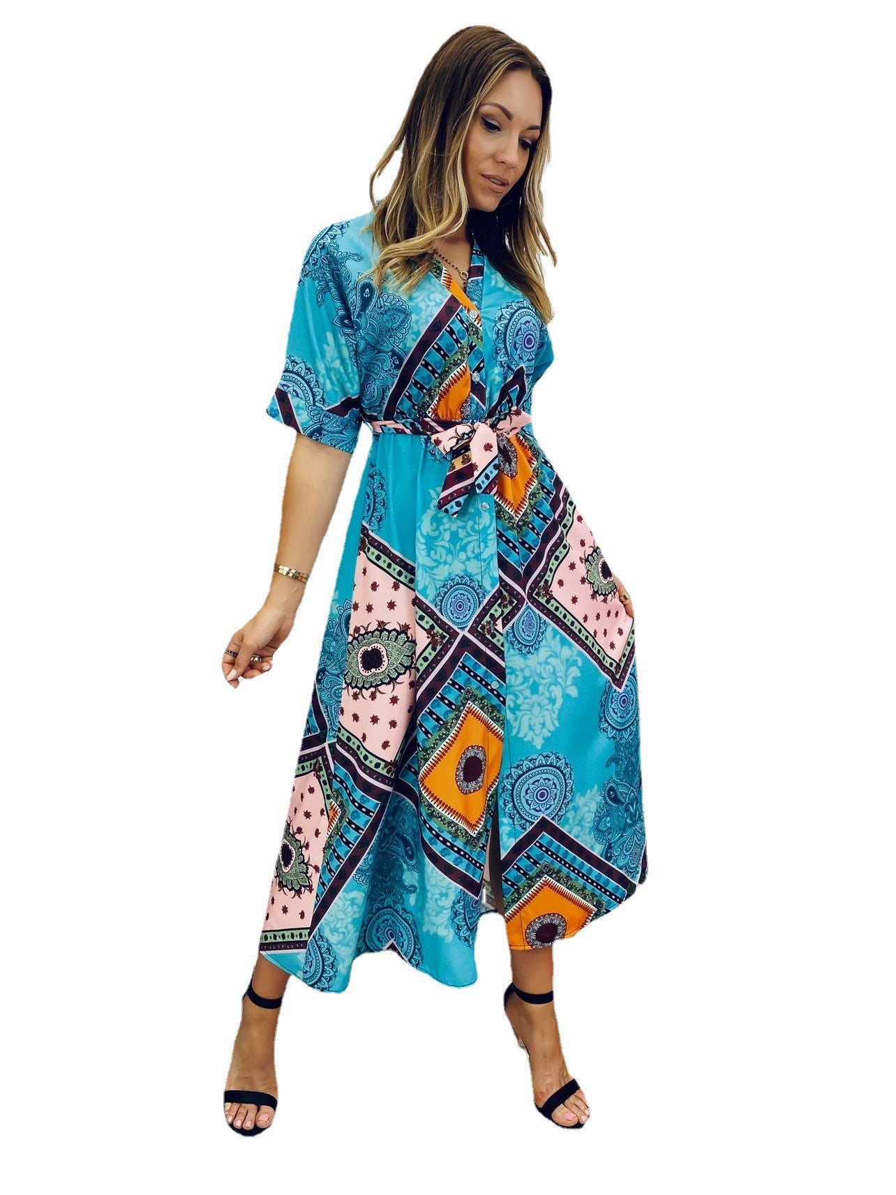 Damen Maxikleid mit buntem Muster und Taillengürtel Stalluxe