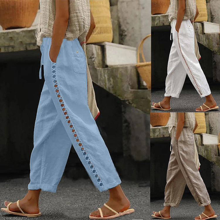 Damen Leichte A-Linien Hose aus atmungsaktivem Leinen mit seitlichen Taschen Stalluxe
