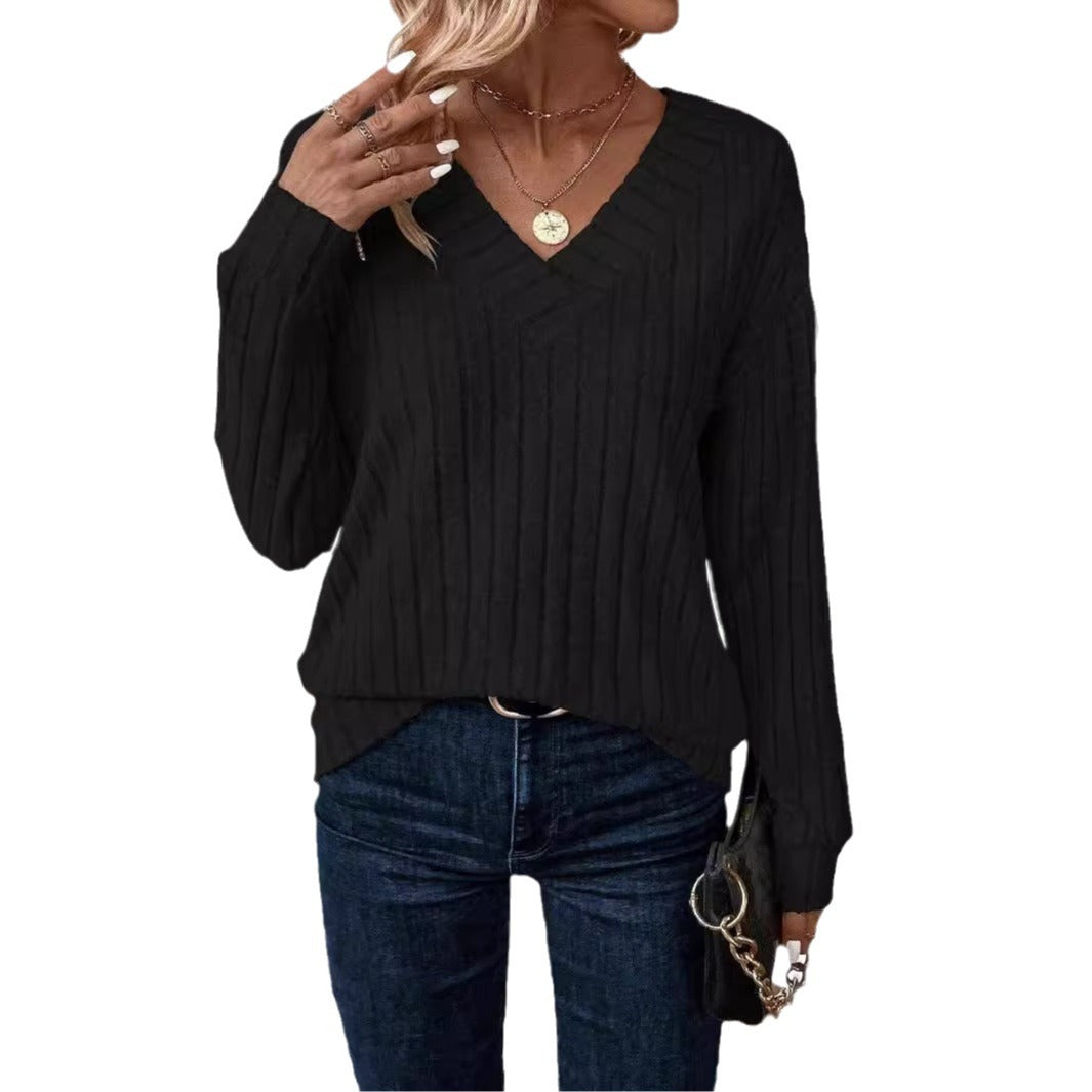 Damen V-Ausschnitt Strickpullover mit senkrechter Rippstruktur Stalluxe