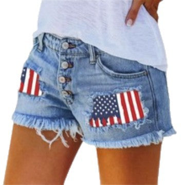 Damen Jeansshorts im Coolen USA-Design mit ausgefranstem Saum Stalluxe