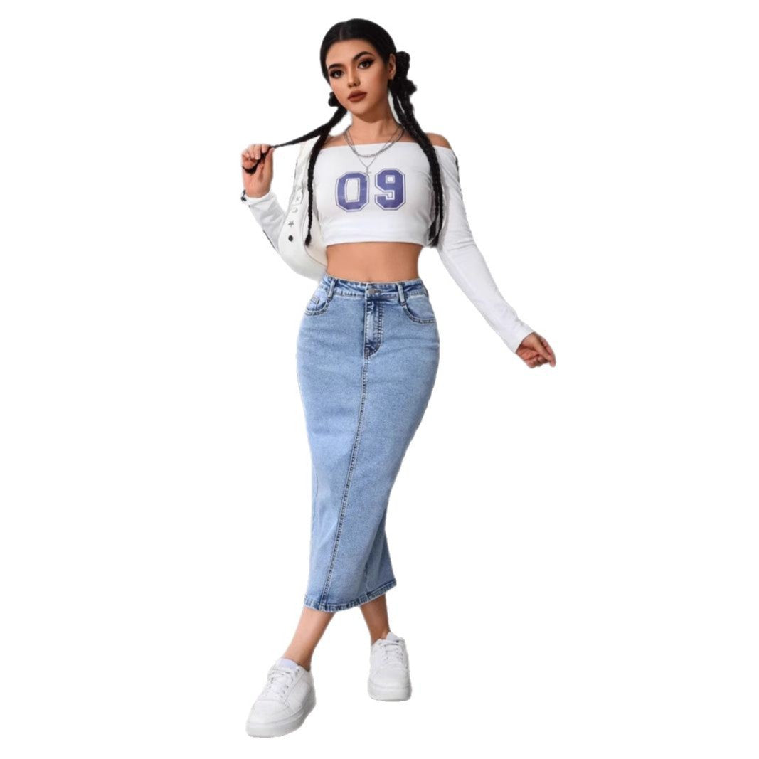 Damen Langer Jeansrock mit hohem Bund Stalluxe