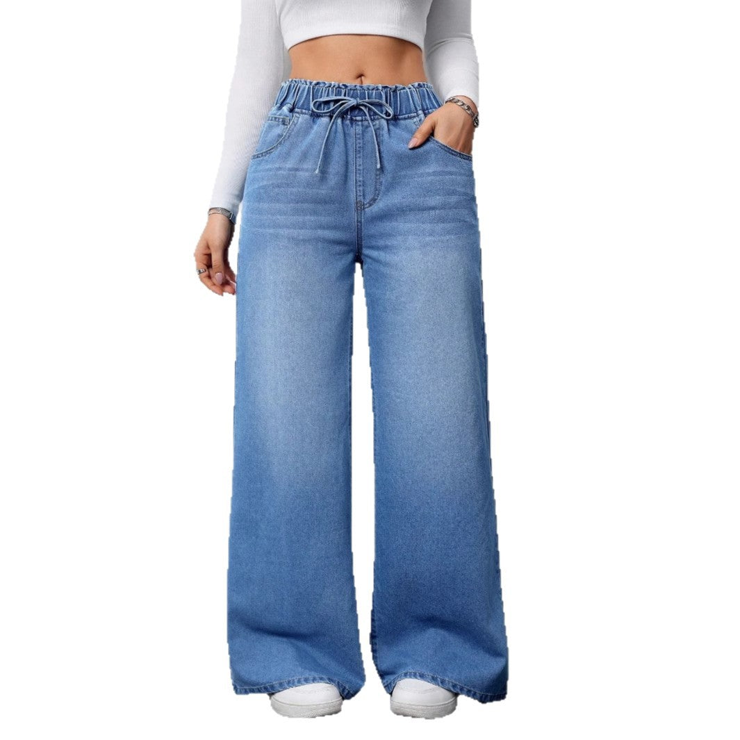 Damen Hochtaillierte Weite Jeans mit bequemem Kordelzug Stalluxe