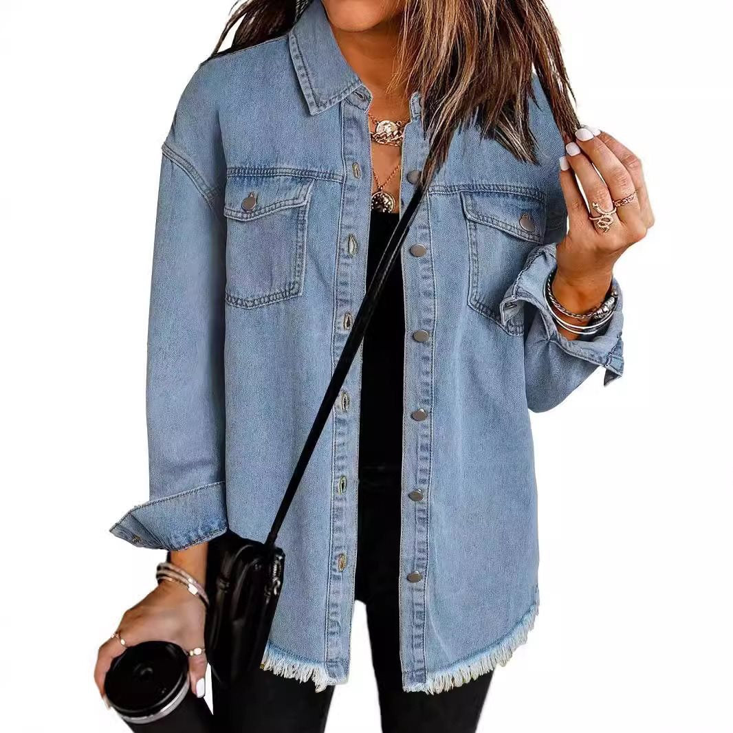 Damen lässige Jeansjacke mit fransigen Säumen und aufgesetzten Taschen Stalluxe