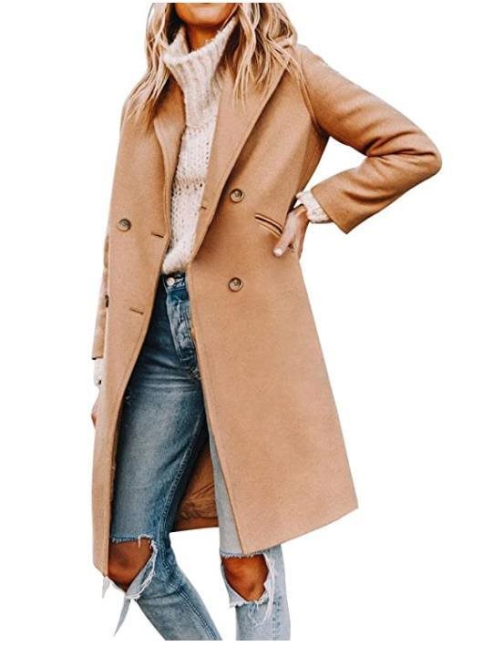 Damen eleganter, klassischer Wollmantel mit doppelter Knopfreihe und praktischen Taschen Stalluxe