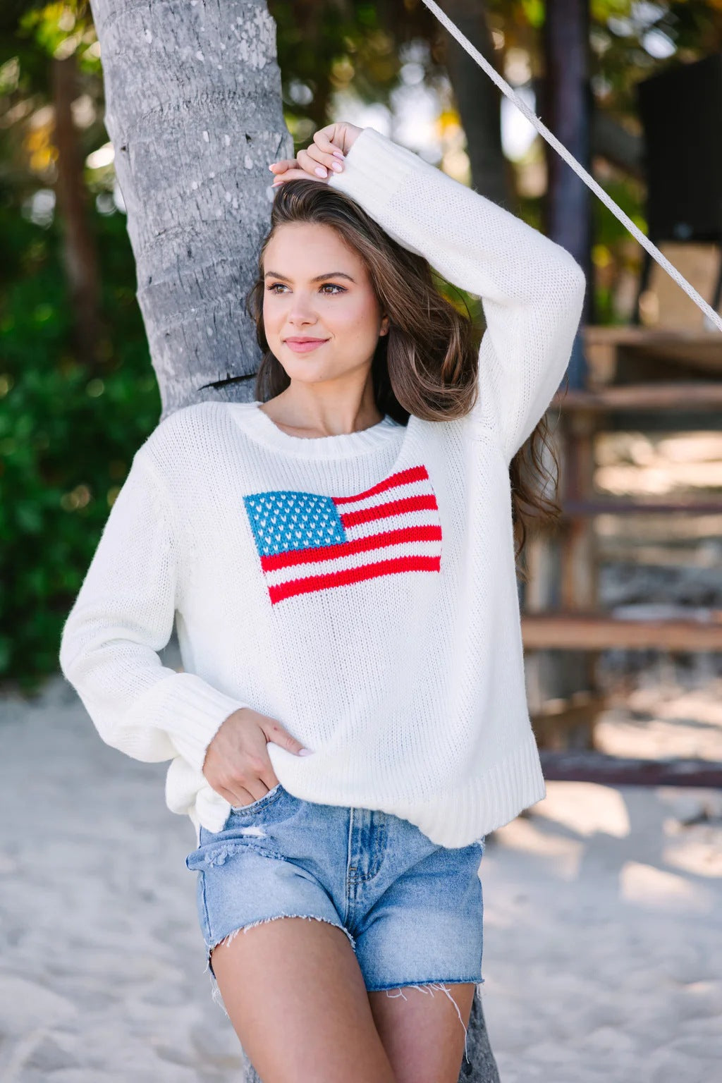 Damen trendiger Pullover mit USA-Flaggenstickerei aus luftiger Baumwolle Stalluxe
