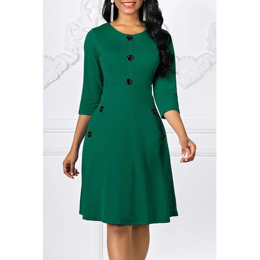 Women's Classic Three-Quarter Sleeve Button-Detail Dress Stalluxe