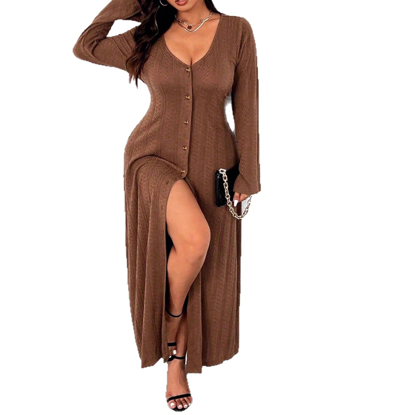 Damen Maxikleid mit Knopfleiste und elegantem Schlitz Stalluxe