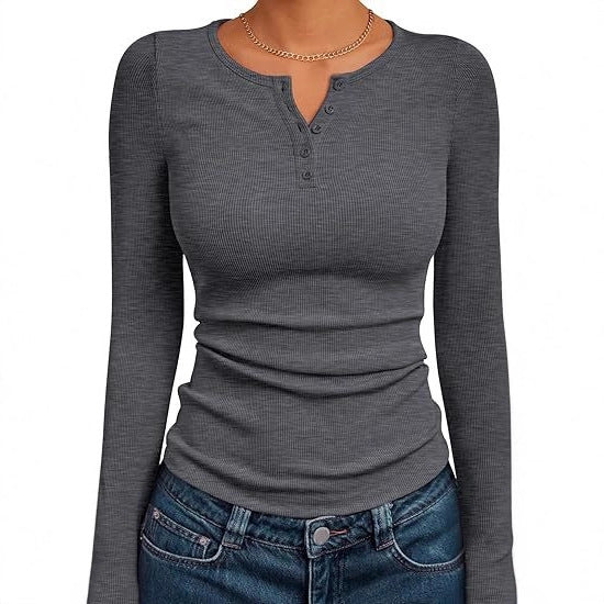 Damen Figurbetontes Langarmshirt mit Knopfleiste und Rippstruktur Stalluxe