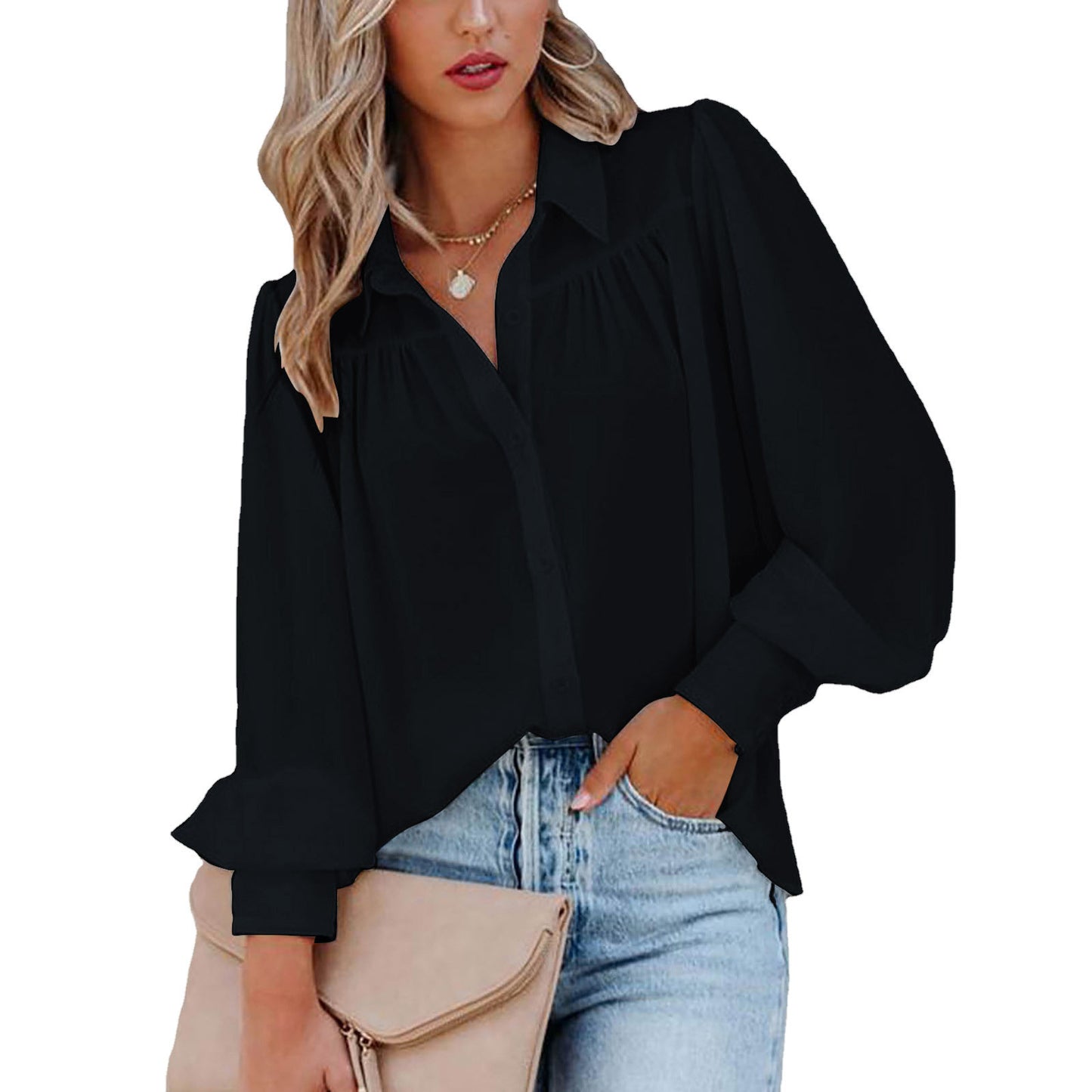 Damen Modische Bluse mit voluminösen Ärmeln und Knopfleiste Stalluxe