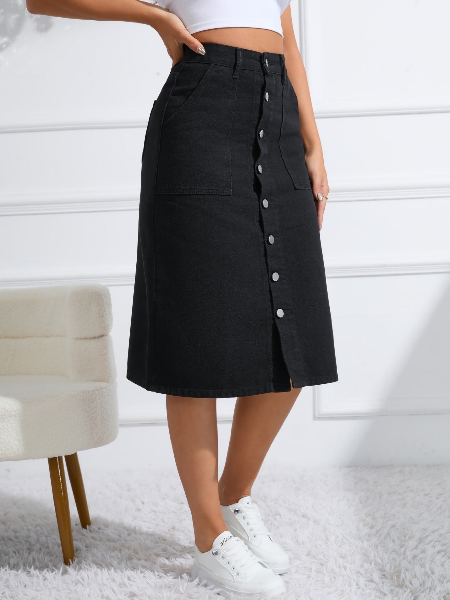 Damen Jeans-Midirock mit Knopfverschluss und praktischen Taschen Stalluxe