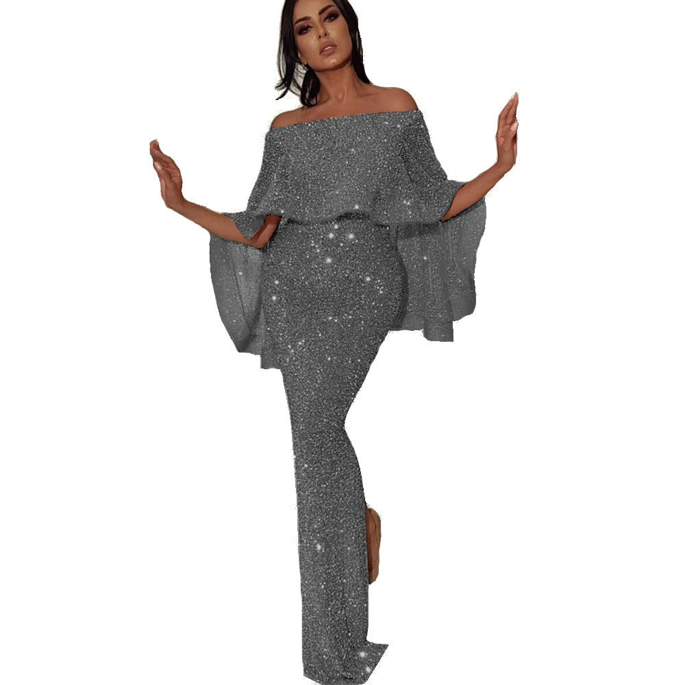 Damen Elegante bodenlange Overall mit schulterfreiem Design und schimmerndem Stoff Stalluxe