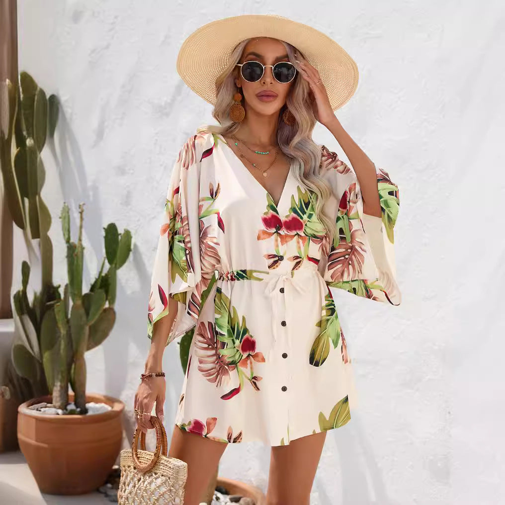 Damen Freizeit-Kleid mit floralem Design und Taillengürtel Stalluxe