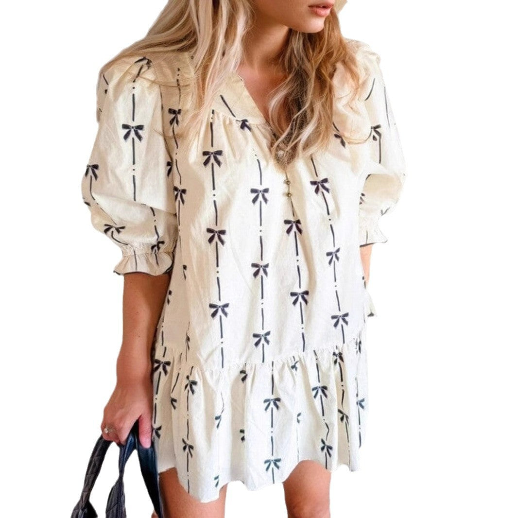 Damen luftiges Freizeitkleid mit Rüschen und zartem Schleifenprint Stalluxe