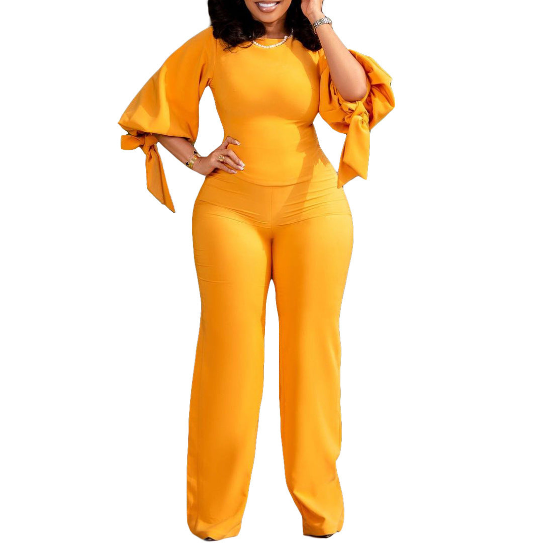 Damen eleganter Jumpsuit mit schicker Schleifenärmel und weitem Bein Stalluxe