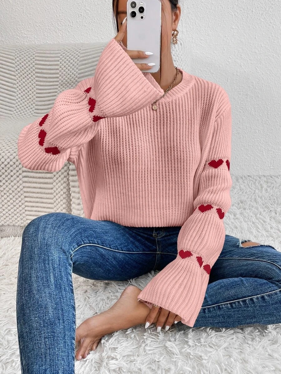 Damen lässiger Strickpullover mit Herzmuster und weitem Arm Stalluxe