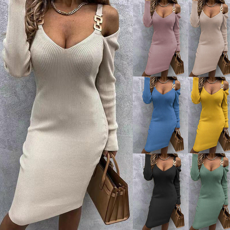 Damen figurbetontes Strickkleid mit schulterfreiem Design und raffinierten Trägerdetails Stalluxe