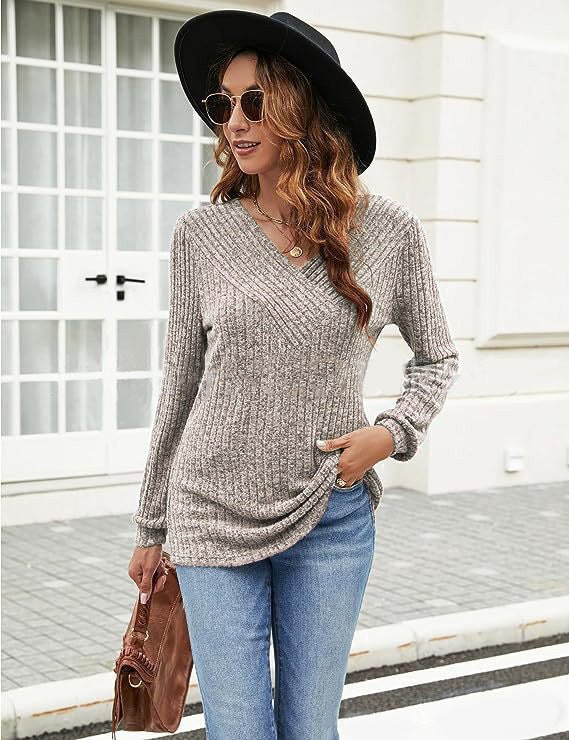 Women's Textured V-Neck Pullover Sweater Stalluxe