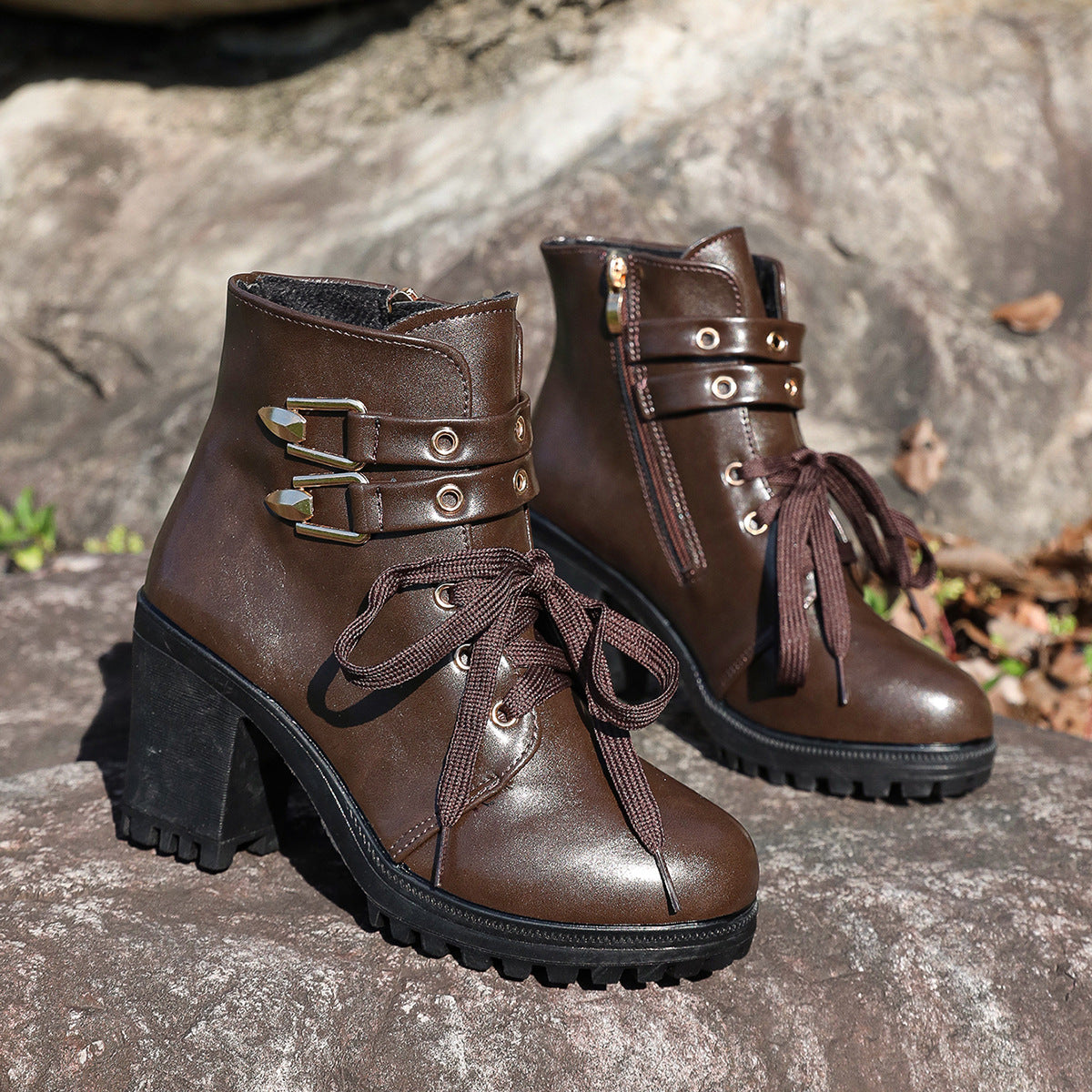 Damen modische Stiefeletten mit Blockabsatz und Schnürung Stalluxe