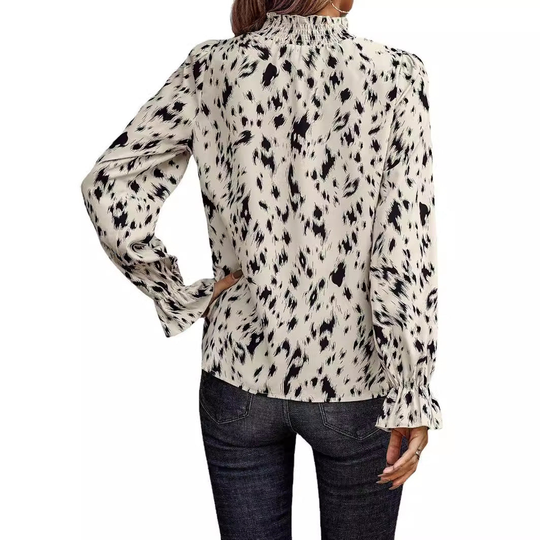 Damen Bluse mit Volantkragen und animalischem Druck Stalluxe
