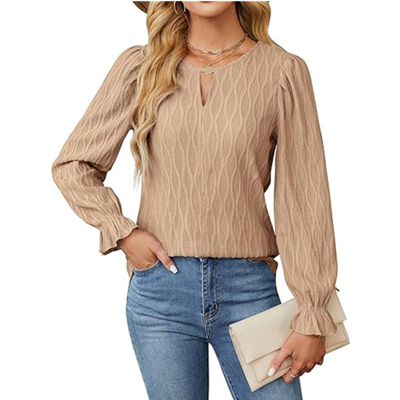 Damen elegantes Langarmshirt mit strukturiertem Stoff und Schlüsselloch-Ausschnitt Stalluxe