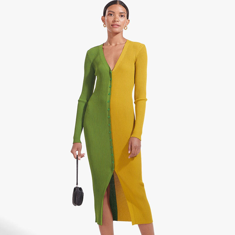 Damen Knopf-Design Maxikleid mit tiefem V-Ausschnitt und Rippstruktur Stalluxe