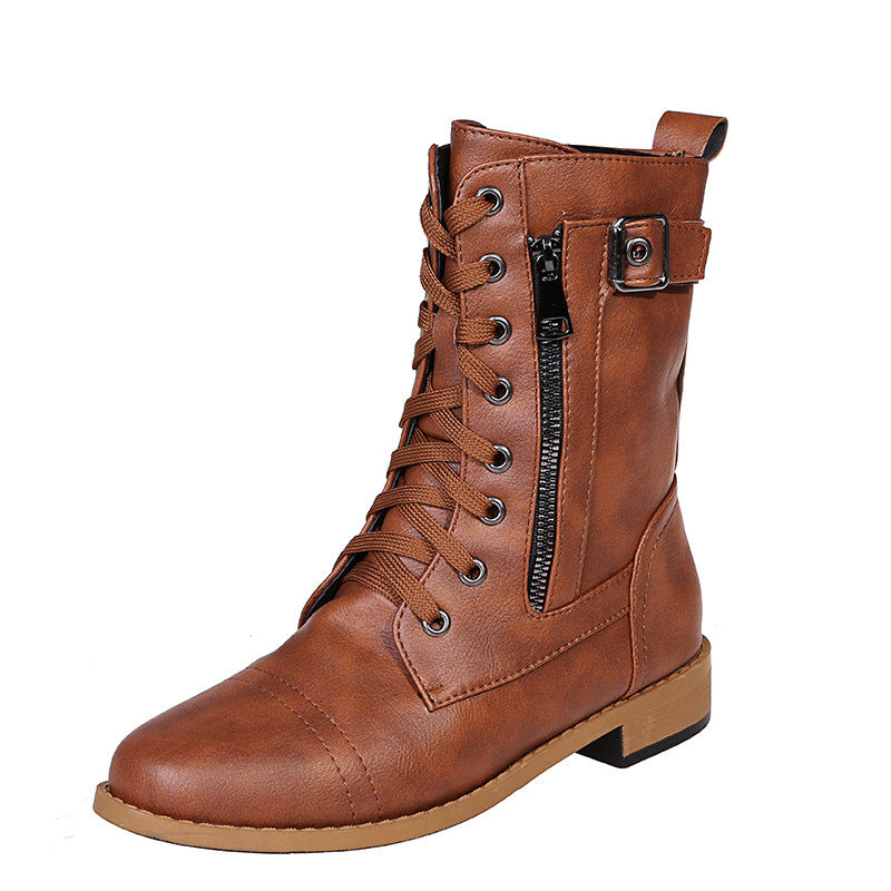 Damen Rinderleder Schnürstiefel mit seitlichem Reißverschluss und gepolstertem Kragen Stalluxe