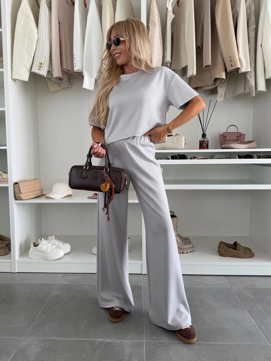 Damen lässiges Cropped Oberteil und weit geschnittene Hose Set Stalluxe
