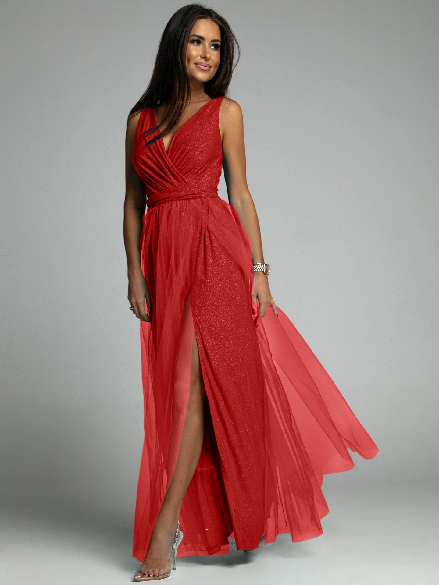 Damen Maxikleid mit V-Ausschnitt und elegantem Faltenwurf Stalluxe