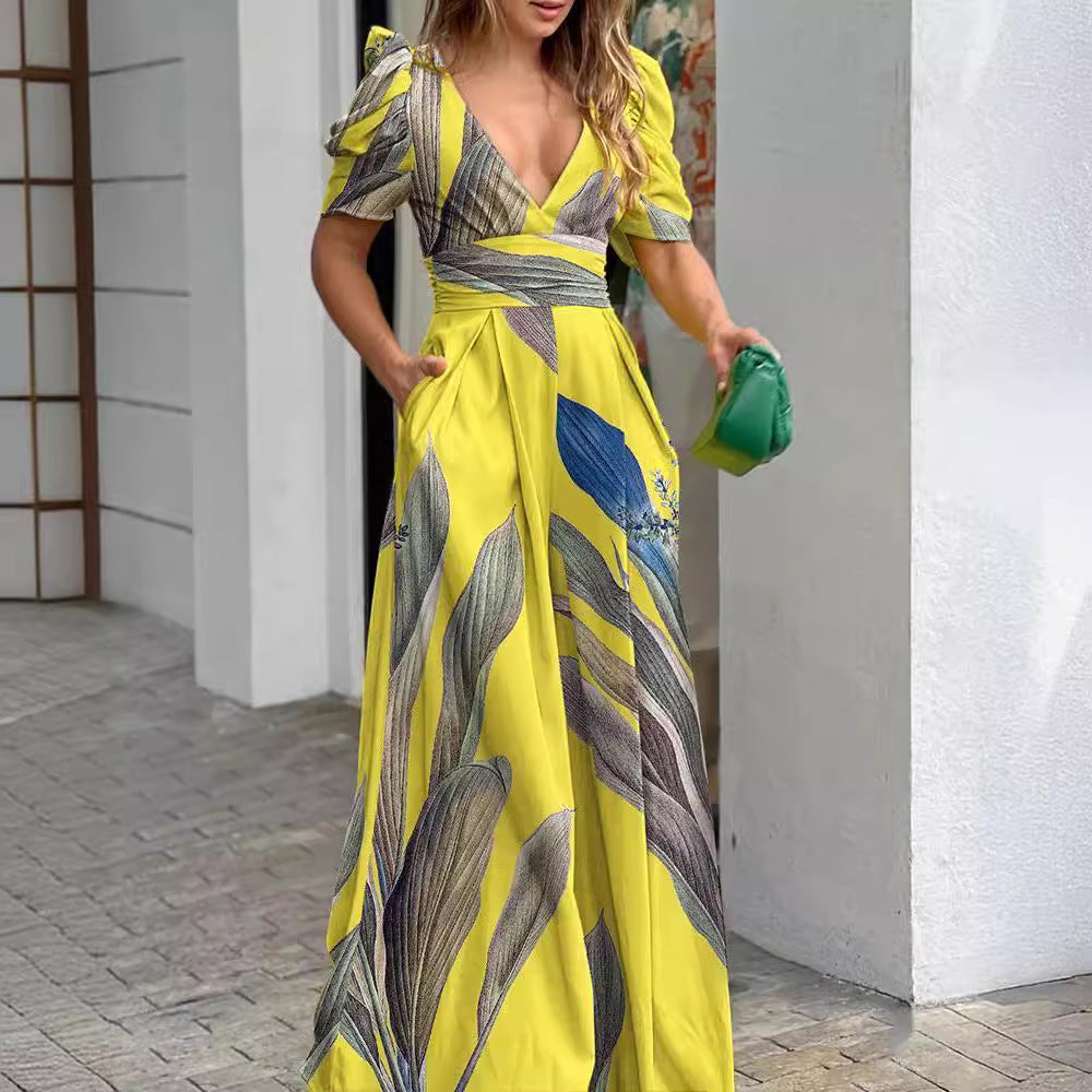 Damen Maxi-Kleid mit tiefem V-Ausschnitt und Puffärmeln Stalluxe