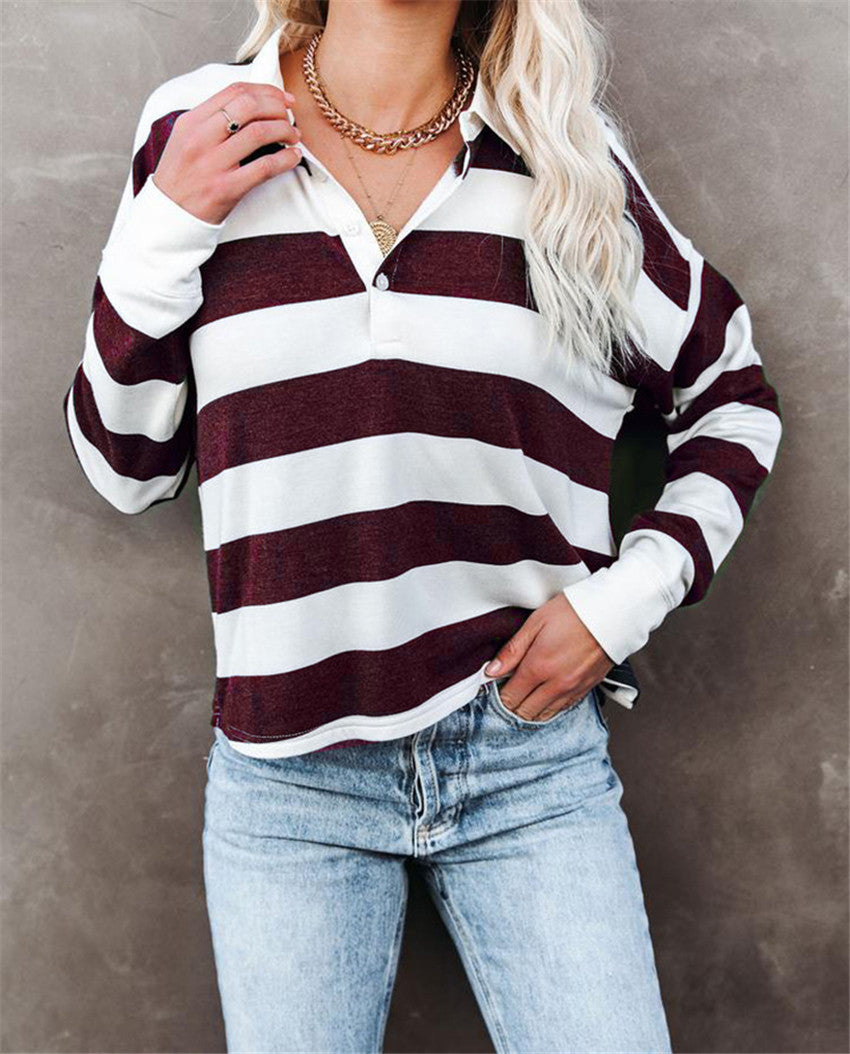 Damen lässiges Langarmshirt mit Streifenmuster und Knopfleiste Stalluxe