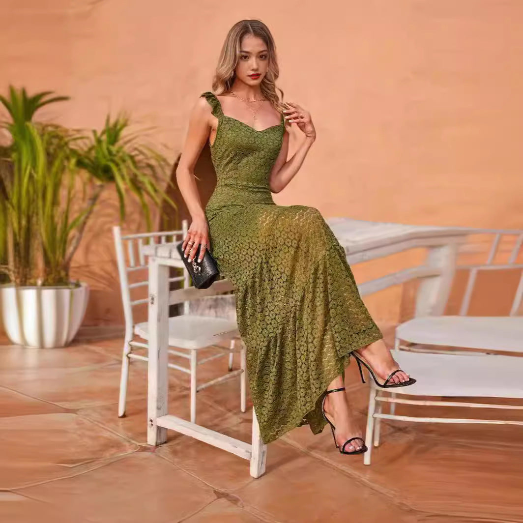 Damen Maxikleid mit exquisite Häkelstruktur und fließendem Rock Stalluxe
