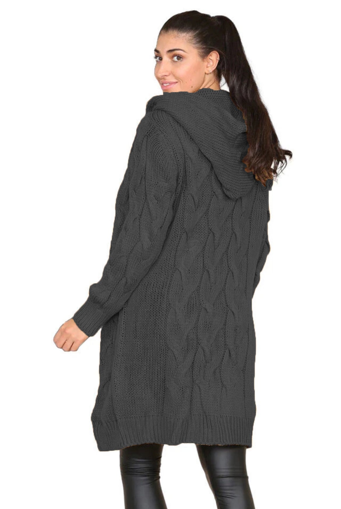 Damen Langer Strickmantel mit elegantem Zopfmuster und Kapuze Stalluxe