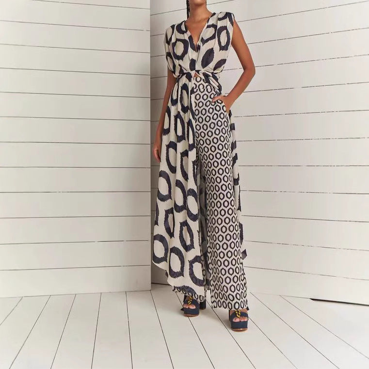 Damen Elegantes Maxikleid mit modischem Kreismuster und Taillengürtel Stalluxe