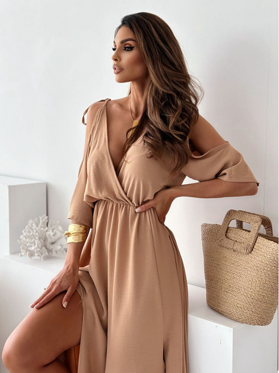 Damen Maxikleid mit schulterfreier Optik und elegantem V-Ausschnitt Stalluxe
