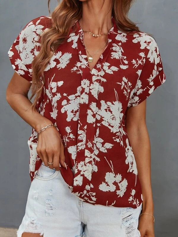 Damen lässige Bluse mit floralem Muster und kurzer Knopfleiste Stalluxe