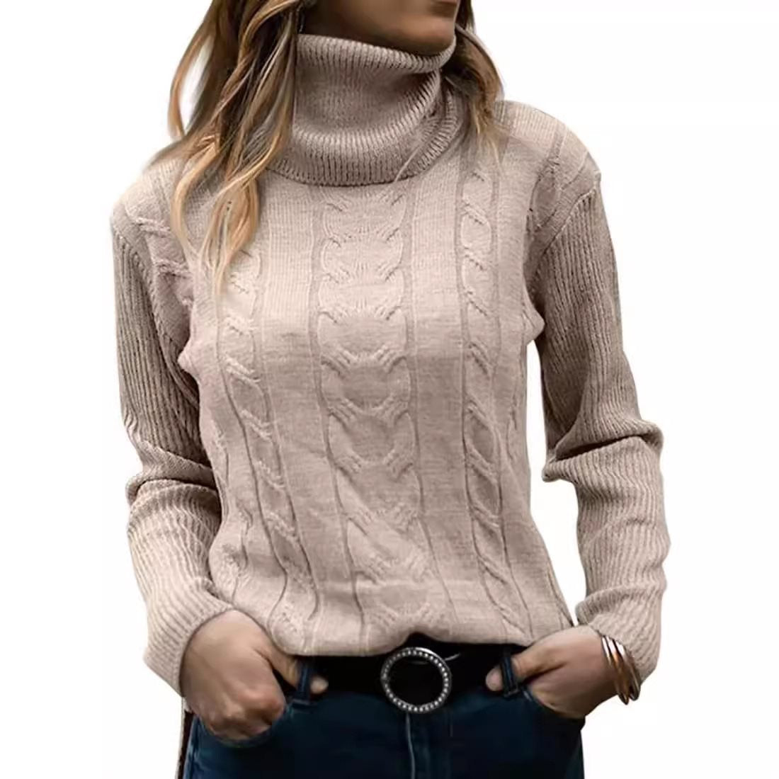 Damen Strickpullover mit hohem Kragen und strukturiertem Zopfmuster Stalluxe
