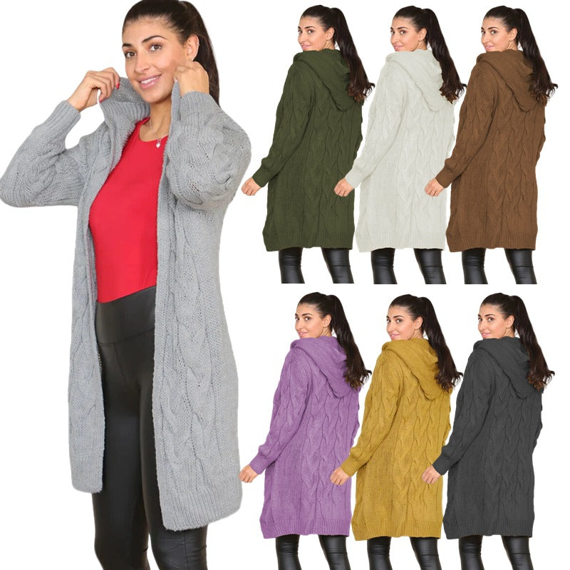 Damen Langer Strickmantel mit elegantem Zopfmuster und Kapuze Stalluxe