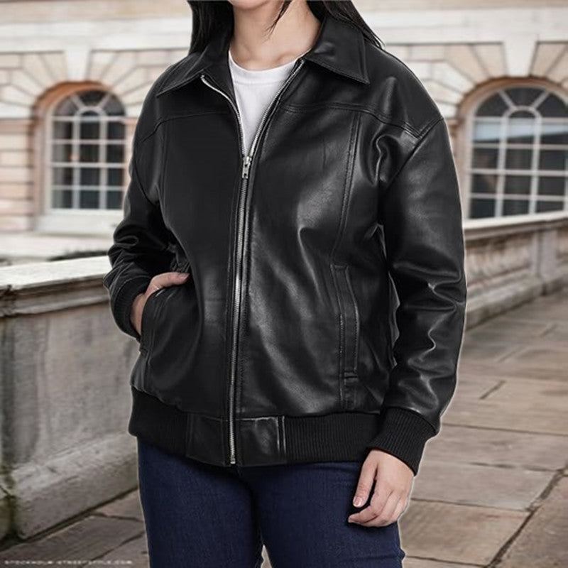 Damen elegante Lederjacke mit lässigem Schnitt und praktischen Taschen Stalluxe