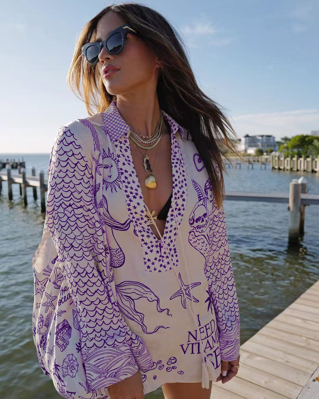 Damen lässige Strandbluse mit kunstvollem maritimem Druck und schickem V-Ausschnitt Stalluxe