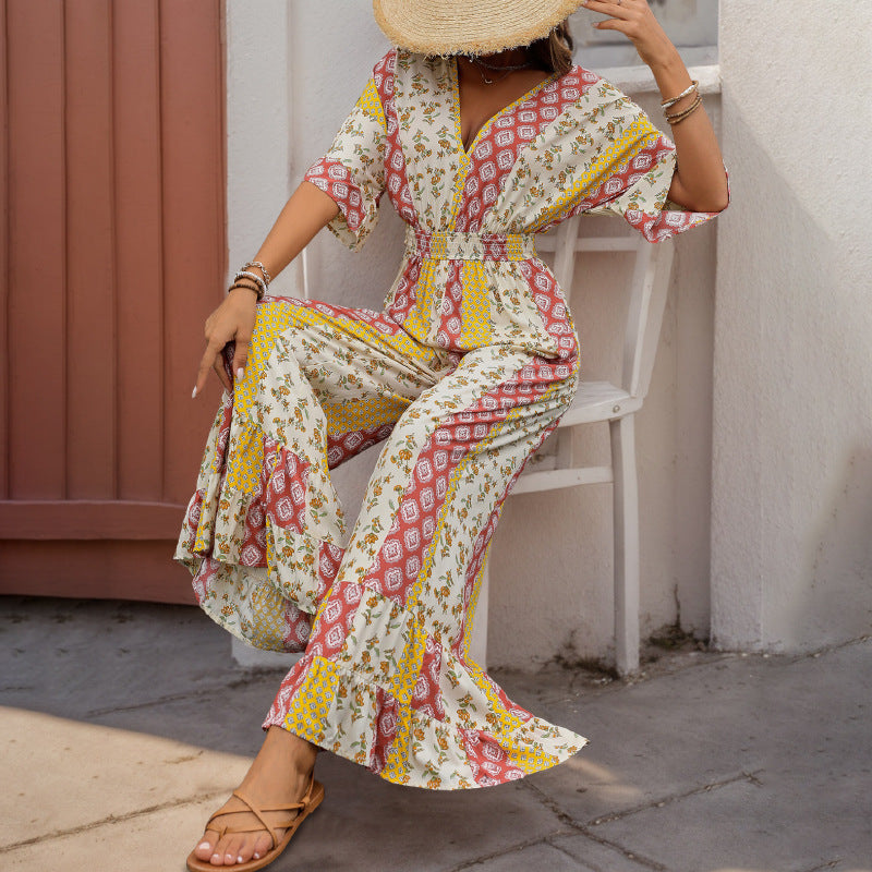 Damen Maxi-Jumpsuit mit floralen Mustern und voluminösen Ärmeln Stalluxe