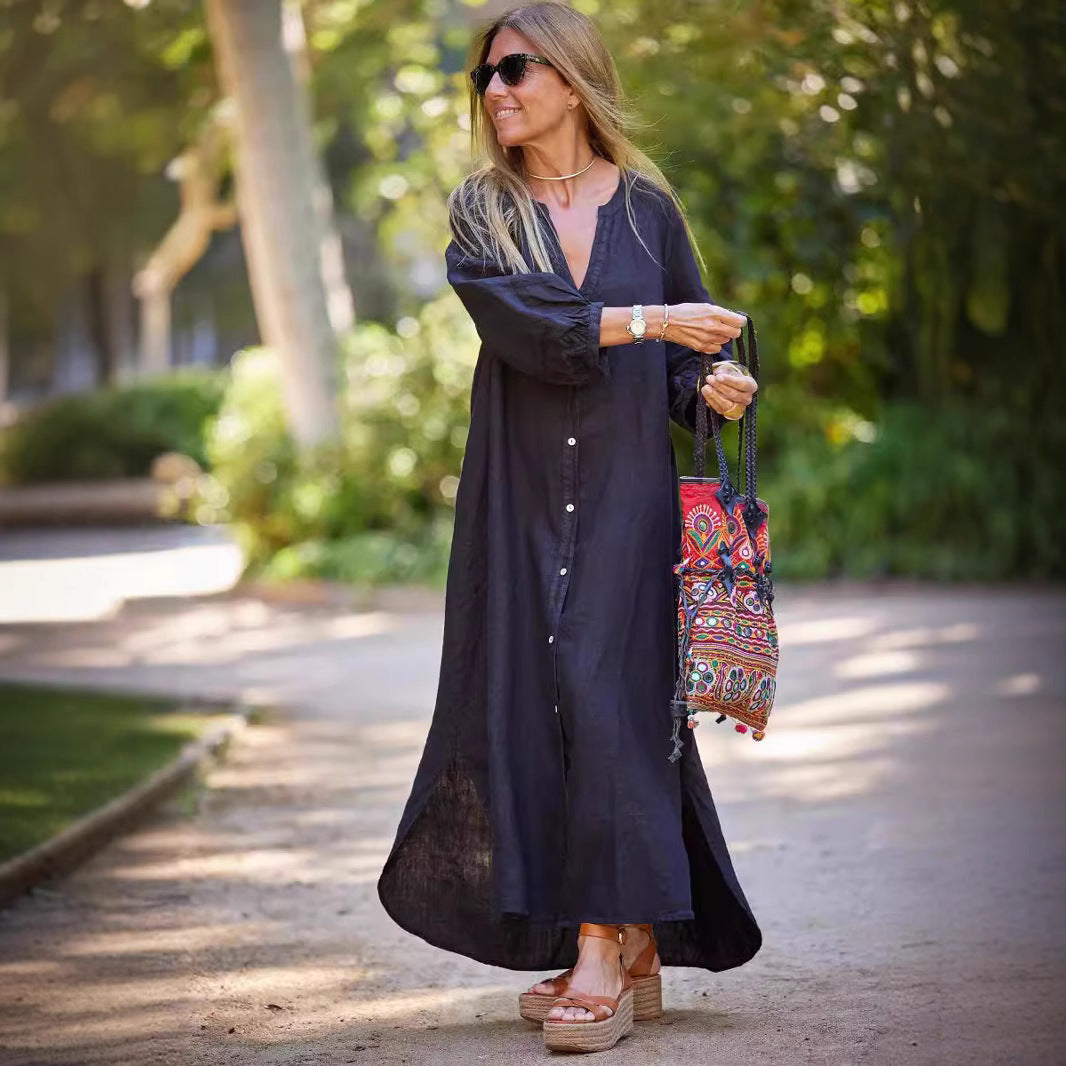 Women's Long Linen Button-Up Dress Stalluxe