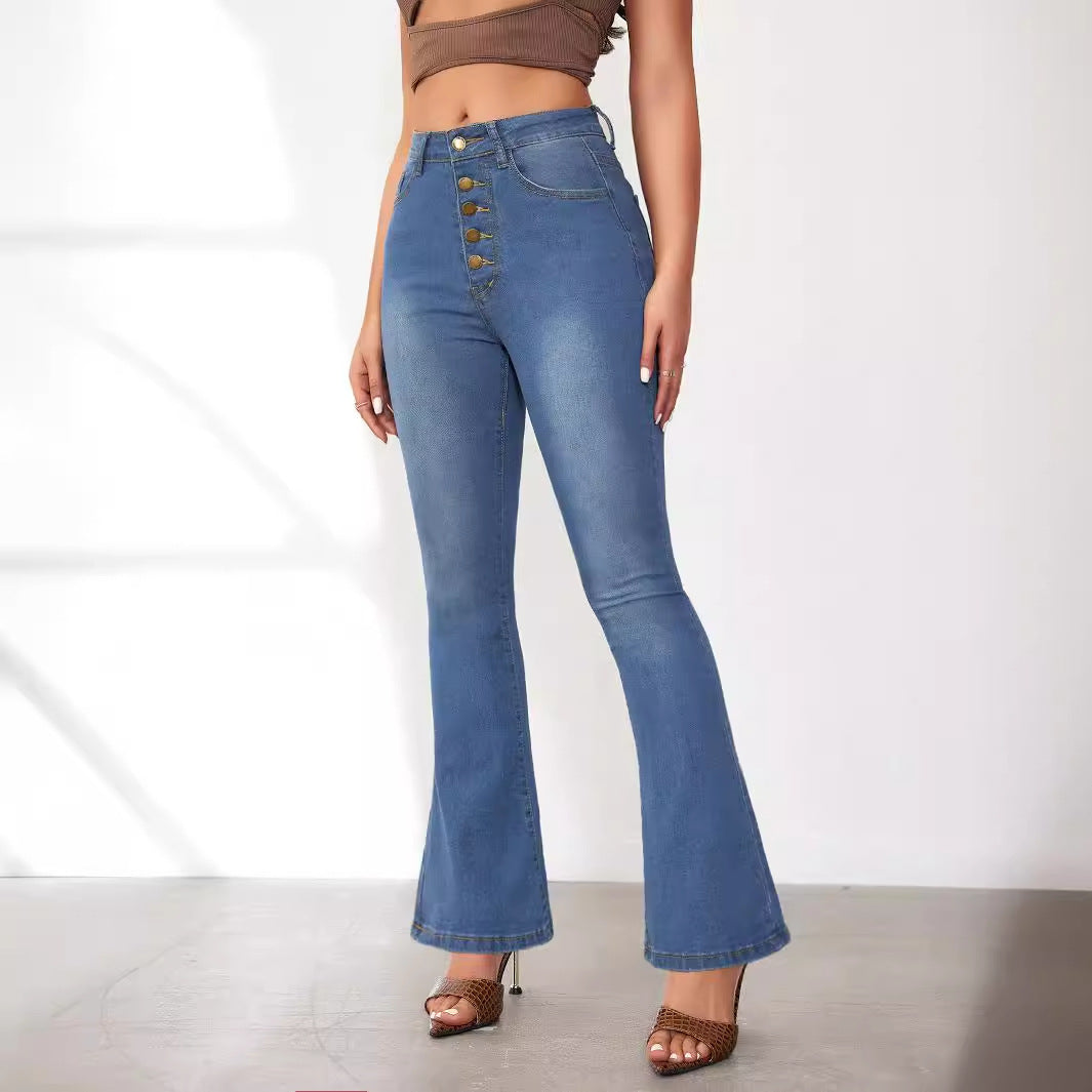 Damen Flared Jeans mit hohen Bund und modischen Knopfdetails Stalluxe