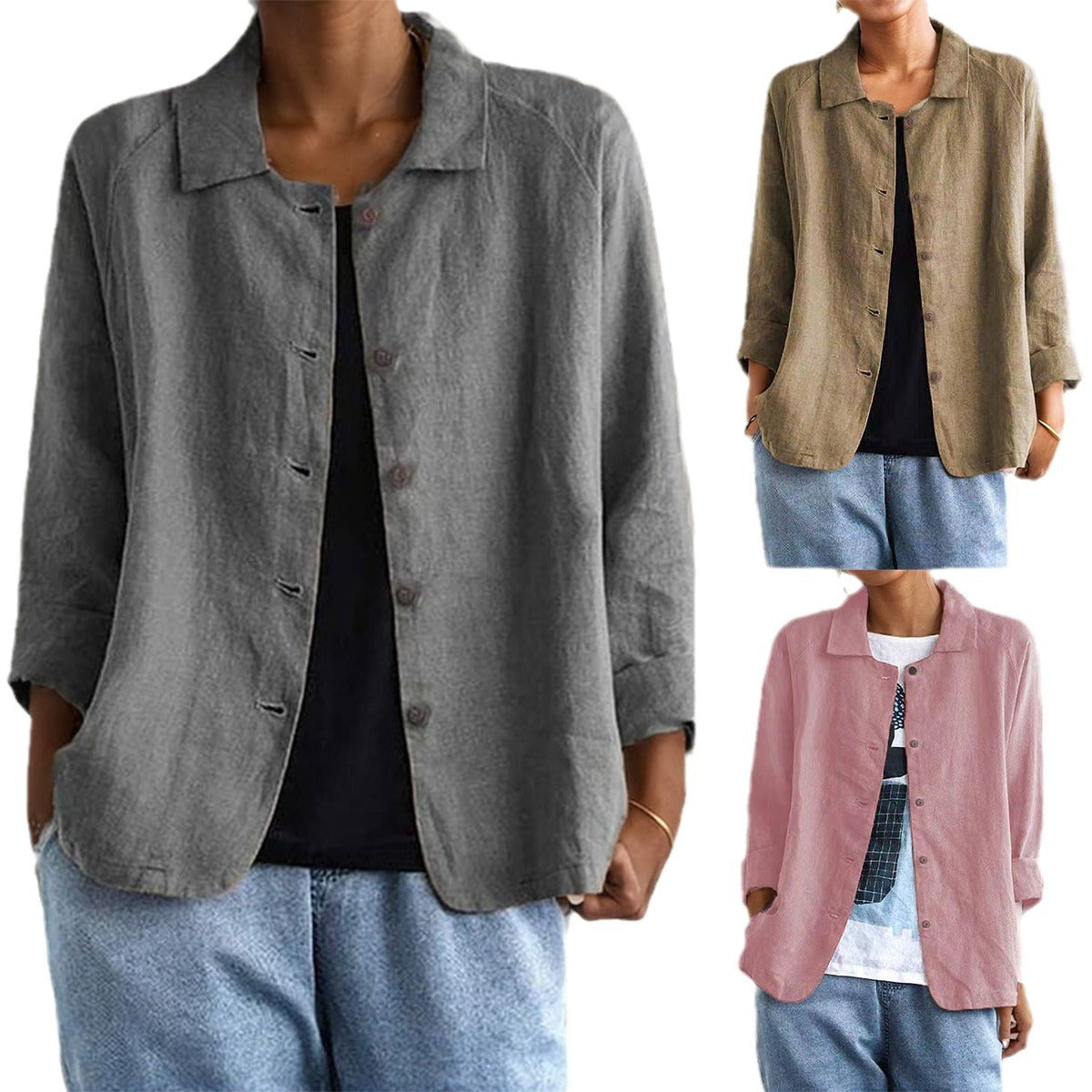 Damen lockere Leinenjacke mit Knopfdetails und seitlichen Taschen Stalluxe
