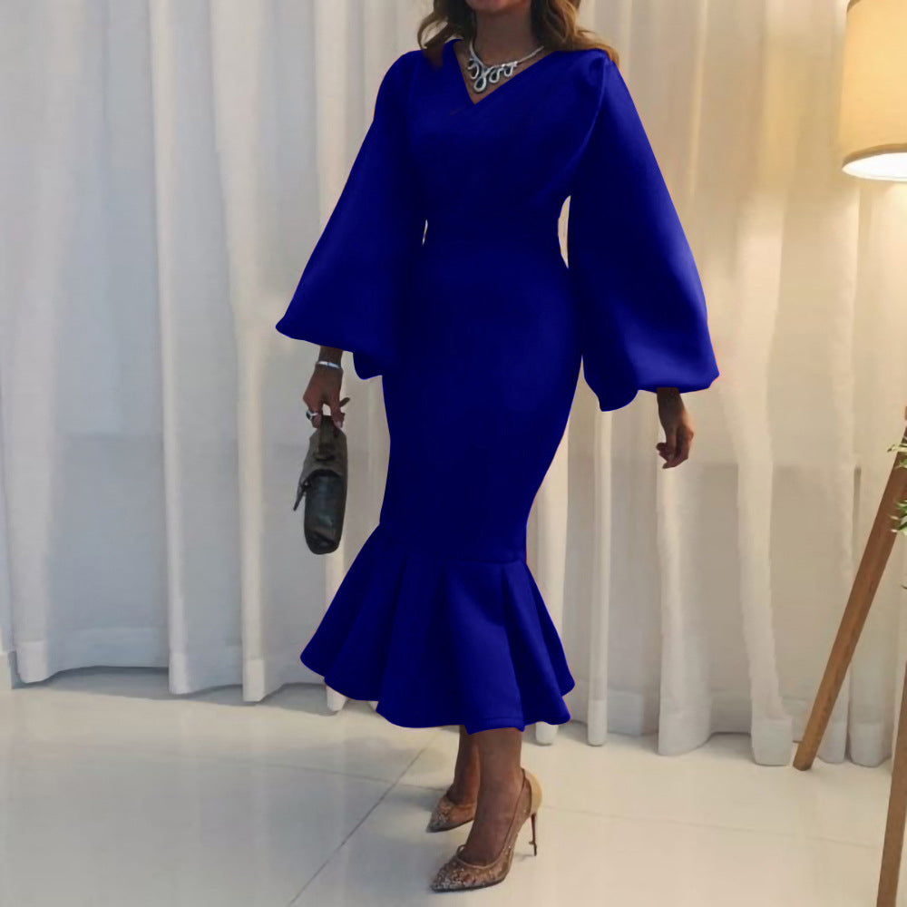 Damen figurbetontes Kleid mit voluminösen Ärmeln und schwingendem Saum Stalluxe