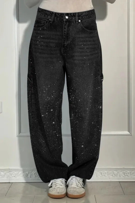 Damen modische Mom-Jeans mit schimmernden Details Stalluxe