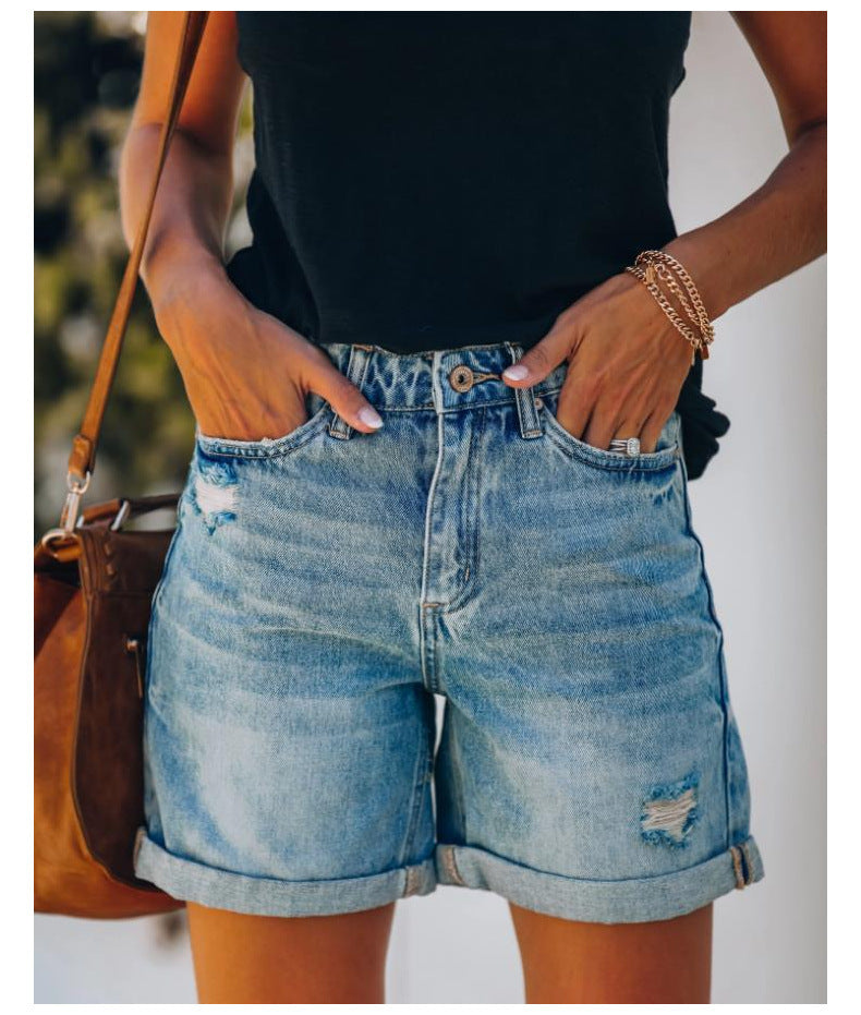 Damen lässige Denim-Shorts mit hochgekrempeltem Saum und Destroyed-Details Stalluxe