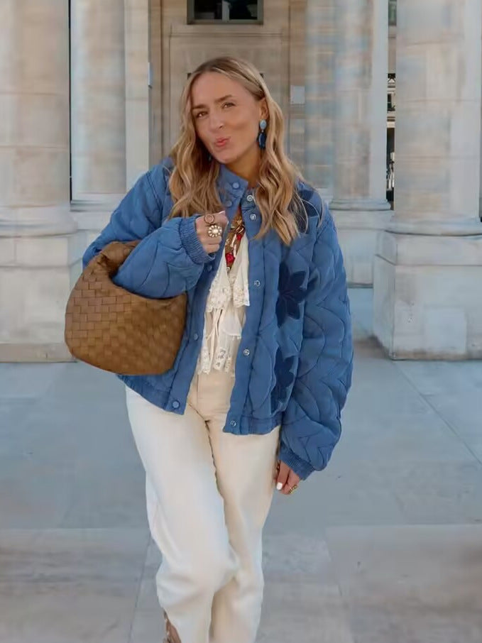 Damen gesteppte Übergangsjacke mit floralem Stickdesign Stalluxe